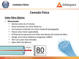 REDES DE COMPUTADORES – Prof. Thomás da Costa
Camada Física
Cabo Fibra Óptica:
CAMADA FÍSICA
• Monomodo:
• Núcleo entre 8 a 9 mícron.
• Passa somente um único feixe luz.
• A luz possui somente um único modo de propagação.
• Possui uma maior capacidade .
• O feixe de luz percorre em linha reta dentro do núcleo da fibra.
• Atinge uma maior distância chegando a 80Km.
• Tem um custo mais elevado.
• Mais difícil de fabricar.
 