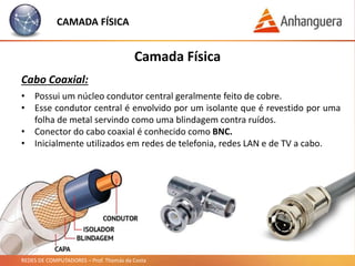 REDES DE COMPUTADORES – Prof. Thomás da Costa
Camada Física
Cabo Coaxial:
CAMADA FÍSICA
• Possui um núcleo condutor central geralmente feito de cobre.
• Esse condutor central é envolvido por um isolante que é revestido por uma
folha de metal servindo como uma blindagem contra ruídos.
• Conector do cabo coaxial é conhecido como BNC.
• Inicialmente utilizados em redes de telefonia, redes LAN e de TV a cabo.
 