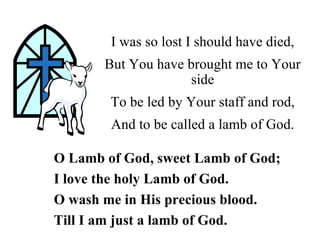 I was so lost I should have died,
       But You have brought me to Your
                    side
        To be led by Your staff and rod,
        And to be called a lamb of God.

O Lamb of God, sweet Lamb of God;
I love the holy Lamb of God.
O wash me in His precious blood.
Till I am just a lamb of God.
 