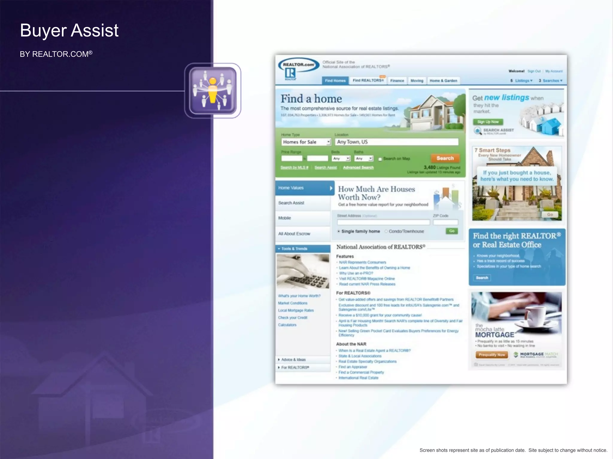 Buyer Assist
BY REALTOR.COM®




                  Screen shots represent site as of publication date. Site subject to change without notice.
 