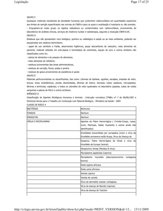 GRUPO C
Quaisquer materiais resultantes de atividades humanas que contenham radionuclídeos em quantidades superiores
aos limites de isenção especificados nas normas do CNEN e para os quais a reutilização é imprópria ou não prevista.
- Enquadram-se neste grupo os rejeitos radioativos ou contaminados com radionuclídeos, provenientes de
laboratórios de análises clinicas, serviços de medicina nuclear e radioterapia, segundo a resolução CNEN-6.05.
GRUPO D
Resíduos que não apresentem risco biológico, químico ou radiológico à saúde ou ao meio ambiente, podendo ser
equiparados aos resíduos domiciliares.
- papel de uso sanitário e fralda, absorventes higiênicos, peças descartáveis de vestuário, resto alimentar de
paciente, material utilizado em anti-sepsia e hemostasia de venóclises, equipo de soro e outros similares não
classificados como A1;
- sobras de alimentos e do preparo de alimentos;
- resto alimentar de refeitório;
- resíduos provenientes das áreas administrativas;
- resíduos de varrição, flores, podas e jardins
- resíduos de gesso provenientes de assistência à saúde
GRUPO E
Materiais perfurocortantes ou escarificantes, tais como: Lâminas de barbear, agulhas, escalpes, ampolas de vidro,
brocas, limas endodônticas, pontas diamantadas, lâminas de bisturi, lancetas; tubos capilares; micropipetas;
lâminas e lamínulas; espátulas; e todos os utensílios de vidro quebrados no laboratório (pipetas, tubos de coleta
sanguínea e placas de Petri) e outros similares.
APÊNDICE II
Classificação de Agentes Etiológicos Humanos e Animais - Instrução normativa CTNBio nº 7 de 06/06/1997 e
Diretrizes Gerais para o Trabalho em Contenção com Material Biológico - Ministério da Saúde - 2004
CLASSE DE RISCO 4
BACTÉRIAS Nenhuma
FUNGOS Nenhum
PARASITAS Nenhum
VÍRUS E MICOPLASMAS Agentes da Febre Hemorrágica ( Criméia-Congo, Lassa,
Junin, Machupo, Sabiá, Guanarito e outros ainda não
identificados)
Encefalites transmitidas por carrapatos (inclui o vírus da
Encefalite primavera-verão Russa, Vírus da Doença de
Kyasanur, Febre Hemorrágica de Omsk e vírus da
Encefalite da Europa Central).
Herpesvírus simiae (Monkey B vírus)
Mycoplasma agalactiae (caprina)
Mycoplasma mycoides (pleuropneumonia contagiosa
bovina)
Peste eqüina africana
Peste suína africana
Varíola caprina
Varíola de camelo
Vírus da dermatite nodular contagiosa
Vírus da doença de Nairobi (caprina)
Vírus da doença de Teschen
Page 17 of 25Legislação
13/11/2009http://e-legis.anvisa.gov.br/leisref/public/showAct.php?mode=PRINT_VERSION&id=13...
 
