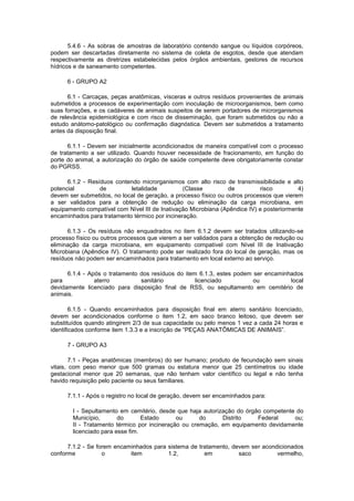 5.4.6 - As sobras de amostras de laboratório contendo sangue ou líquidos corpóreos,
podem ser descartadas diretamente no sistema de coleta de esgotos, desde que atendam
respectivamente as diretrizes estabelecidas pelos órgãos ambientais, gestores de recursos
hídricos e de saneamento competentes.
6 - GRUPO A2
6.1 - Carcaças, peças anatômicas, vísceras e outros resíduos provenientes de animais
submetidos a processos de experimentação com inoculação de microorganismos, bem como
suas forrações, e os cadáveres de animais suspeitos de serem portadores de microrganismos
de relevância epidemiológica e com risco de disseminação, que foram submetidos ou não a
estudo anátomo-patológico ou confirmação diagnóstica. Devem ser submetidos a tratamento
antes da disposição final.
6.1.1 - Devem ser inicialmente acondicionados de maneira compatível com o processo
de tratamento a ser utilizado. Quando houver necessidade de fracionamento, em função do
porte do animal, a autorização do órgão de saúde competente deve obrigatoriamente constar
do PGRSS.
6.1.2 - Resíduos contendo microrganismos com alto risco de transmissibilidade e alto
potencial
de
letalidade
(Classe
de
risco
4)
devem ser submetidos, no local de geração, a processo físico ou outros processos que vierem
a ser validados para a obtenção de redução ou eliminação da carga microbiana, em
equipamento compatível com Nível III de Inativação Microbiana (Apêndice IV) e posteriormente
encaminhados para tratamento térmico por incineração.
6.1.3 - Os resíduos não enquadrados no item 6.1.2 devem ser tratados utilizando-se
processo físico ou outros processos que vierem a ser validados para a obtenção de redução ou
eliminação da carga microbiana, em equipamento compatível com Nível III de Inativação
Microbiana (Apêndice IV). O tratamento pode ser realizado fora do local de geração, mas os
resíduos não podem ser encaminhados para tratamento em local externo ao serviço.
6.1.4 - Após o tratamento dos resíduos do item 6.1.3, estes podem ser encaminhados
para
aterro
sanitário
licenciado
ou
local
devidamente licenciado para disposição final de RSS, ou sepultamento em cemitério de
animais.
6.1.5 - Quando encaminhados para disposição final em aterro sanitário licenciado,
devem ser acondicionados conforme o item 1.2, em saco branco leitoso, que devem ser
substituídos quando atingirem 2/3 de sua capacidade ou pelo menos 1 vez a cada 24 horas e
identificados conforme item 1.3.3 e a inscrição de “PEÇAS ANATÔMICAS DE ANIMAIS”.
7 - GRUPO A3
7.1 - Peças anatômicas (membros) do ser humano; produto de fecundação sem sinais
vitais, com peso menor que 500 gramas ou estatura menor que 25 centímetros ou idade
gestacional menor que 20 semanas, que não tenham valor científico ou legal e não tenha
havido requisição pelo paciente ou seus familiares.
7.1.1 - Após o registro no local de geração, devem ser encaminhados para:
I - Sepultamento em cemitério, desde que haja autorização do órgão competente do
Município,
do
Estado
ou
do
Distrito
Federal
ou;
II - Tratamento térmico por incineração ou cremação, em equipamento devidamente
licenciado para esse fim.
7.1.2 - Se forem encaminhados para sistema de tratamento, devem ser acondicionados
conforme
o
item
1.2,
em
saco
vermelho,

 