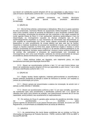 que devem ser substituídos quando atingirem 2/3 de sua capacidade ou pelo menos 1 vez a
cada 24 horas e identificados conforme item 1.3.3 e a inscrição “PEÇAS ANATÔMICAS”.
7.1.3
e
Distrito
de destinação.

O
órgão
ambiental
competente
nos
Estados,
Federal
pode
aprovar
outros
processos

Municípios
alternativos

8 - GRUPO A4
8.1 - Kits de linhas arteriais, endovenosas e dialisadores; filtros de ar e gases aspirados
de área contaminada; membrana filtrante de equipamento médico-hospitalar e de pesquisa,
entre outros similares; sobras de amostras de laboratório e seus recipientes contendo fezes,
urina e secreções, provenientes de pacientes que não contenham e nem sejam suspeitos de
conter agentes Classe de Risco 4, e nem apresentem relevância epidemiológica e risco de
disseminação, ou microrganismo causador de doença emergente que se torne
epidemiologicamente importante ou cujo mecanismo de transmissão seja desconhecido ou
com suspeita de contaminação com príons; tecido adiposo proveniente de lipoaspiração,
lipoescultura ou outro procedimento de cirurgia plástica que gere este tipo de resíduo;
recipientes e materiais resultantes do processo de assistência à saúde, que não contenham
sangue ou líquidos corpóreos na forma livre; peças anatômicas (órgãos e tecidos) e outros
resíduos provenientes de procedimentos cirúrgicos ou de estudos anátomo-patológicos ou de
confirmação diagnóstica; carcaças, peças anatômicas, vísceras e outros resíduos provenientes
de animais não submetidos a processos de experimentação com inoculação de
microorganismos, bem como suas forrações; cadáveres de animais provenientes de serviços
de assistência; Bolsas transfusionais vazias ou com volume residual póstransfusão.
8.1.1 - Estes resíduos podem ser dispostos, sem tratamento prévio, em local
devidamente licenciado para disposição final de RSS.
8.1.2 - Devem ser acondicionados conforme o item 1.2, em saco branco leitoso, que
devem ser substituídos quando atingirem 2/3 de sua capacidade ou pelo menos 1 vez a cada
24 horas e identificados conforme item 1.3.3.
9 - GRUPO A5
9.1 - Órgãos, tecidos, fluidos orgânicos, materiais perfurocortantes ou escarificantes e
demais materiais resultantes da atenção à saúde de indivíduos ou animais, com suspeita ou
certeza de contaminação com príons.
9.1.1 - Devem sempre ser encaminhados a sistema de incineração, de acordo com o
definido na RDC ANVISA nº 305/2002.
9.1.2 - Devem ser acondicionados conforme o item 1.2, em saco vermelho, que devem
ser substituídos após cada procedimento e identificados conforme item 1.3.3. Devem ser
utilizados dois sacos como barreira de proteção, com preenchimento somente até 2/3 de sua
capacidade, sendo proibido o seu esvaziamento ou reaproveitamento.
10 - Os resíduos do Grupo A, gerados pelos serviços de assistência domiciliar, devem
ser
acondicionados
e
recolhidos
pelos
próprios agentes de atendimento ou por pessoa treinada para a atividade, de acordo com este
Regulamento, e encaminhados ao estabelecimento de saúde de referência.
11 - GRUPO B
11.1 - As características dos riscos destas substâncias são as contidas na Ficha de
Informações de Segurança de Produtos Químicos - FISPQ, conforme NBR 14725 da ABNT e
Decreto/PR 2657/98.

 