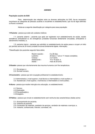 ADENDO

População usuária do EAS
Para determinação das relações entre as diversas atribuições do EAS, faz-se necessário
reconhecer as categorias de pessoas usuárias e circulantes no estabelecimento, que via de regra definirão
os fluxos e acessos.
Adota-se a seguinte classificação por categoria para essa população:

1-Paciente - pessoa que está sob cuidados médicos:
1.1- paciente externo - paciente que após ser registrado num estabelecimento de saúde, recebe
assistência ambulatorial ou de emergência (unidades funcionais diretamente vinculadas, ambulatório e
atendimento imediato); e,
1.2- paciente interno - paciente que admitido no estabelecimento de saúde passa a ocupar um leito
por período acima de 24 horas (unidade funcional diretamente ligada, internação).
*Classificação dos pacientes segundo faixa etária:
Recém-nascido Lactente Criança Adolescente Adulto -

0 a 28 dias;
29 dias a 1 ano e 11 meses completos;
2 a 9 anos;
10 a 19 anos; e,
mais de 20 anos.

2-Doador- pessoa que voluntariamente doa insumos humanos com fins terapêuticos.
2.1- De sangue; e
2.2- De leite humano.
3-Funcionário - pessoa que tem ocupação profissional no estabelecimento:
3.1-Administrativo ( nível superior, nível técnico e intermediário e nível auxiliar); e
3.2- Assistencial ( nível superior, nível técnico e intermediário e nível auxiliar).
4-Aluno - pessoa que recebe instrução e/ou educação, no estabelecimento:
4.1-Técnico;
4.2-Graduação;
4.3-Pós-graduação;e,
4.4-Estagiário.
5-Público - pessoa que circula no estabelecimento sem nenhuma das características citadas acima:
5.1- Acompanhante de paciente;
5.2- Visitante de paciente;
5.3- Fornecedor de materiais, prestador de serviços, vendedor de materiais e serviços; e,
5.4- Visitante, conferencista, instrutor, convidado, etc.

135

 