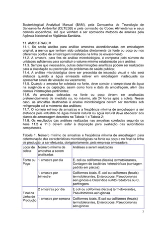 Bacteriological Analytical Manual (BAM), pela Companhia de Tecnologia de
Saneamento Ambiental (CETESB) e pela comissão do Codex Alimentarius e seus
comitês específicos, até que venham a ser aprovados métodos de análises pela
Agência Nacional de Vigilância Sanitária.
11. AMOSTRAGEM
11.1. Só serão aceitas para análise amostras acondicionadas em embalagem
original, a menos que tenham sido coletadas diretamente da fonte ou poço ou nos
diferentes pontos de amostragem instalados na linha de envasamento;
11.2. A amostra, para fins de análise microbiológica, é composta pelo número de
unidades suficientes para constituir o volume mínimo estabelecido para análise;
11.3. Sempre que necessário, outras determinações analíticas podem ser realizadas
para a elucidação ou prevenção de problemas de saúde publica;
11.4. A análise microbiológica deve ser precedida de inspeção visual e não será
efetuada quando a água envasada estiver em embalagem inadequada ou
apresentar sinais de violação ou vazamento;
11.5. Quando a amostra for coletada na fonte, deve constar a temperatura da água
na surgência e ou captação, assim como hora e data da amostragem, além das
demais informações pertinentes;
11.6. As amostras coletadas na fonte ou poço devem ser analisadas
preferencialmente de imediato ou, no máximo, até 24 horas após a coleta. Nesse
caso, as amostras destinadas à analise microbiológica devem ser mantidas sob
refrigeração até o momento das análises;
11.7. O número mínimo de amostras e a freqüência mínima de amostragem a ser
efetuada pela indústria de água mineral natural ou água natural deve obedecer aos
planos de amostragem descritos na Tabela 1 e Tabela 2;
11.8. Os resultados das análises realizadas nas amostras coletadas segundo os
itens 11.2 e 11.3 devem estar à disposição para avaliação das autoridades
competentes.
Tabela 1. Número mínimo de amostras e freqüência mínima de amostragem para
determinação das características microbiológicas na fonte ou poço e no final da linha
de produção, a ser efetuada, obrigatoriamente, pela empresa envasadora.
Local de Número mínimo de
Análises a serem realizadas
coleta
amostras a serem
analisadas
Fonte ou 1 amostra por dia
Poço
1 amostra por
trimestre

E. coli ou coliformes (fecais) termotolerantes,
Contagem de bactérias heterotróficas (contagem
padrão em placas)
Coliformes totais, E. coli ou coliformes (fecais)
termotolerantes, Enterococos, Pseudomonas
aeruginosa e Clostrídios sulfito redutores ou C.
perfringens

2 amostras por dia
E coli ou coliformes (fecais) termotolerantes,
Final da
Pseudomonas aeruginosa
Linha de
1 amostra por semana Coliformes totais, E.coli ou coliformes (fecais)
Produção
termotolerantes, Enterococos, Pseudomonas
aeruginosa
7

 