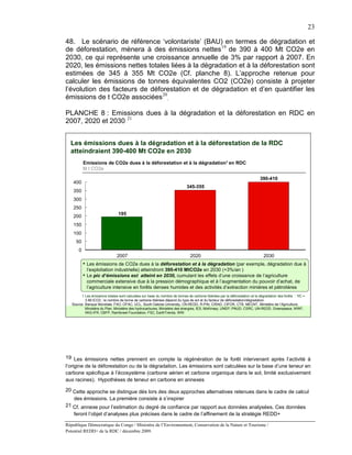 23

48. Le scénario de référence ‘volontariste’ (BAU) en termes de dégradation et
de déforestation, mènera à des émissions nettes 19 de 390 à 400 Mt CO2e en
2030, ce qui représente une croissance annuelle de 3% par rapport à 2007. En
2020, les émissions nettes totales liées à la dégradation et à la déforestation sont
estimées de 345 à 355 Mt CO2e (Cf. planche 8). L’approche retenue pour
calculer les émissions de tonnes équivalentes CO2 (CO2e) consiste à projeter
l’évolution des facteurs de déforestation et de dégradation et d’en quantifier les
émissions de t CO2e associées20.

PLANCHE 8 : Emissions dues à la dégradation et la déforestation en RDC en
2007, 2020 et 2030 21


  Les émissions dues à la dégradation et à la déforestation de la RDC
  atteindraient 390-400 Mt CO2e en 2030
           Emissions de CO2e dues à la déforestation et à la dégradation1 en RDC
           M t CO2e

                                                                                                                            390-410
    400
                                                                            345-355
    350
    300
    250
                                195
    200
    150
    100
     50
       0
                               2007                                            2020                                           2030
           • Les émissions de CO2e dues à la déforestation et à la dégradation (par exemple, dégradation due à
            l’exploitation industrielle) atteindront 390-410 MtCO2e en 2030 (+3%/an )
           • Le pic d’émissions est atteint en 2030, cumulant les effets d’une croissance de l’agriculture
            commerciale extensive due à la pression démographique et à l’augmentation du pouvoir d’achat, de
            l’agriculture intensive en forêts denses humides et des activités d’extraction minières et pétrolières
        1 Les émissions totales sont calculées sur base du nombre de tonnes de carbone libérées par la déforestation et la dégradation des forêts : 1tC =
           3.66 tCO2 ; le nombre de tonne de carbone libérées dépend du type de sol et du facteur de déforestation/dégradation
   Source: Banque Mondiale, FAO, OFAC, UCL, South Dakota University, CN-REDD, R-PIN, CIRAD, CIFOR, CTB, MECNT, Ministère de l’Agriculture,
           Ministère du Plan, Ministère des hydrocarbures, Ministère des énergies, IES, McKinsey, UNEP, PNUD, CSRC, UN-REDD, Greenpeace, WWF,
           IWG-IFR, CBFP, Rainforest Foundation, FSC, EarthTrends, WRI




19 Les émissions nettes prennent en compte la régénération de la forêt intervenant après l’activité à
l’origine de la déforestation ou de la dégradation. Les émissions sont calculées sur la base d’une teneur en
carbone spécifique à l’écosystème (carbone aérien et carbone organique dans le sol, limité exclusivement
aux racines). Hypothèses de teneur en carbone en annexes
20 Cette approche se distingue dès lors des deux approches alternatives retenues dans le cadre de calcul
   des émissions. La première consiste à s’inspirer
21 Cf. annexe pour l’estimation du degré de confiance par rapport aux données analysées. Ces données
    feront l’objet d’analyses plus précises dans le cadre de l’affinement de la stratégie REDD+

République Démocratique du Congo / Ministère de l’Environnement, Conservation de la Nature et Tourisme /
Potentiel REDD+ de la RDC / décembre 2009.
 