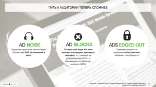 Источник: Yankelovich 2007, Hubspot Research 2016, PageFair Mobile Adblocking
Report 2016, eMarketer April 2016
AD NOISE
Городская аудитория контактирует
с более чем 5000 объявлений в
день
AD BLOCKS
По меньшей мере 419 млн
человек блокируют рекламу в
мобайле, т.к. считают ее
раздражающей (64%) и
мешающей потреблению
контента (54%)
ADSEDGED OUT
Премиум аккаунты и
приложения без рекламы
набирают популярность
31
ПУТЬ К АУДИТОРИИ ТЕПЕРЬ СЛОЖНЕЕ
 
