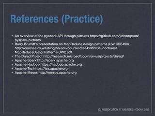 (C) PRESENTATION BY GABRIELE MODENA, 2015
References (Practice)
• An overview of the pyspark API through pictures https://...