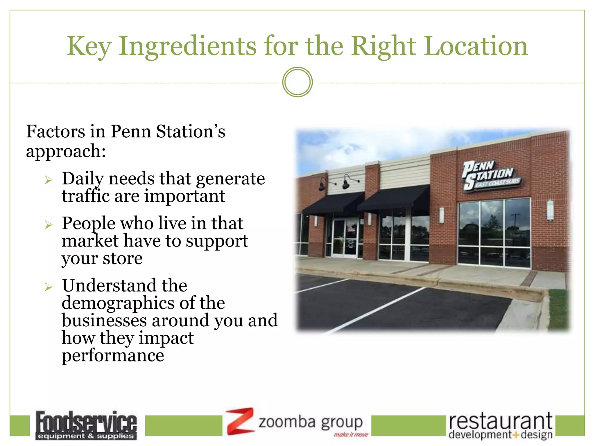 Key Ingredients for the Right Location
Factors in Penn Station’s
approach:
 Daily needs that generate
traffic are important
 People who live in that
market have to support
your store
 Understand the
demographics of the
businesses around you and
how they impact
performance
 