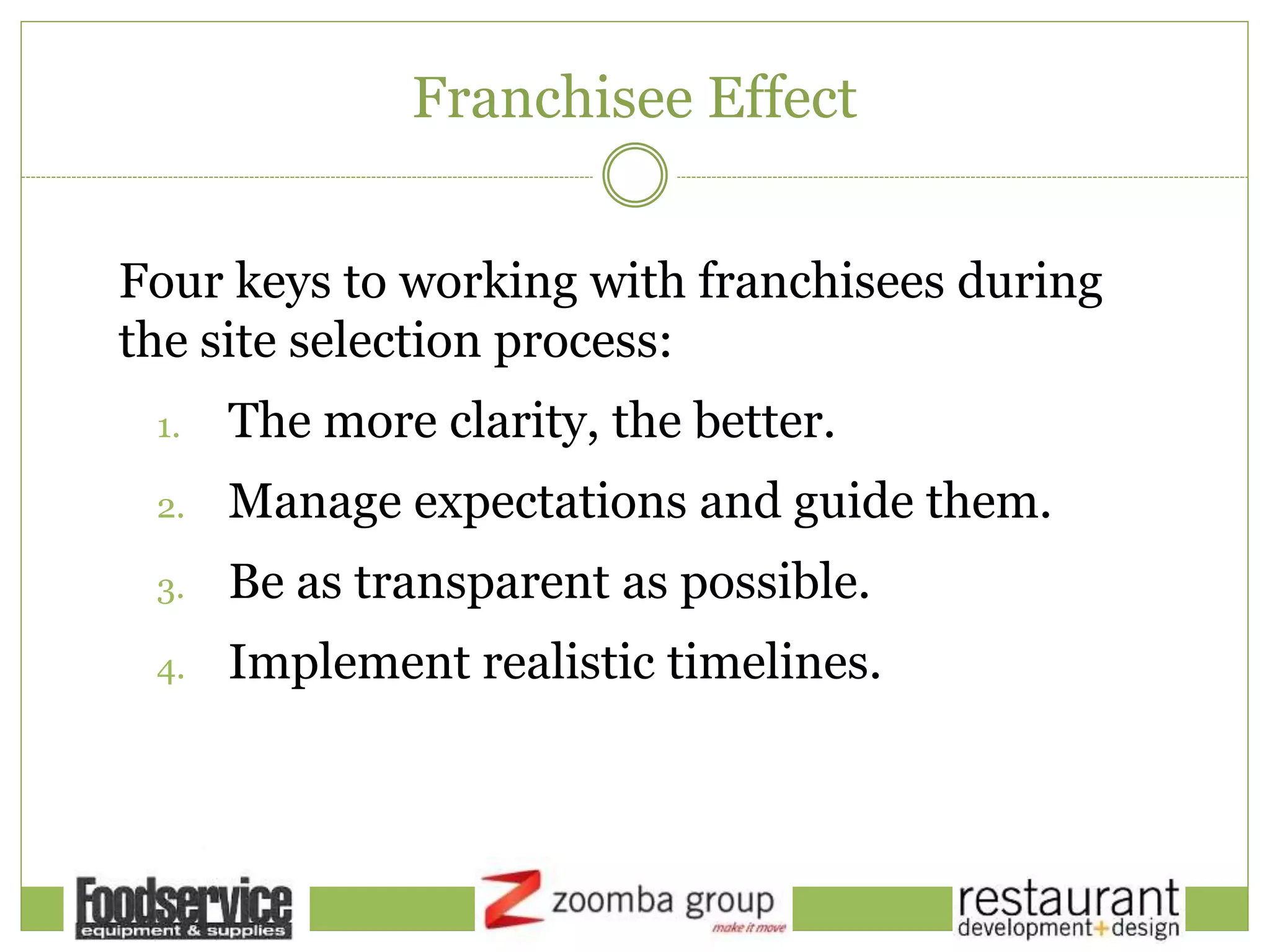 Franchisee Effect
Four keys to working with franchisees during
the site selection process:
1. The more clarity, the better.
2. Manage expectations and guide them.
3. Be as transparent as possible.
4. Implement realistic timelines.
 