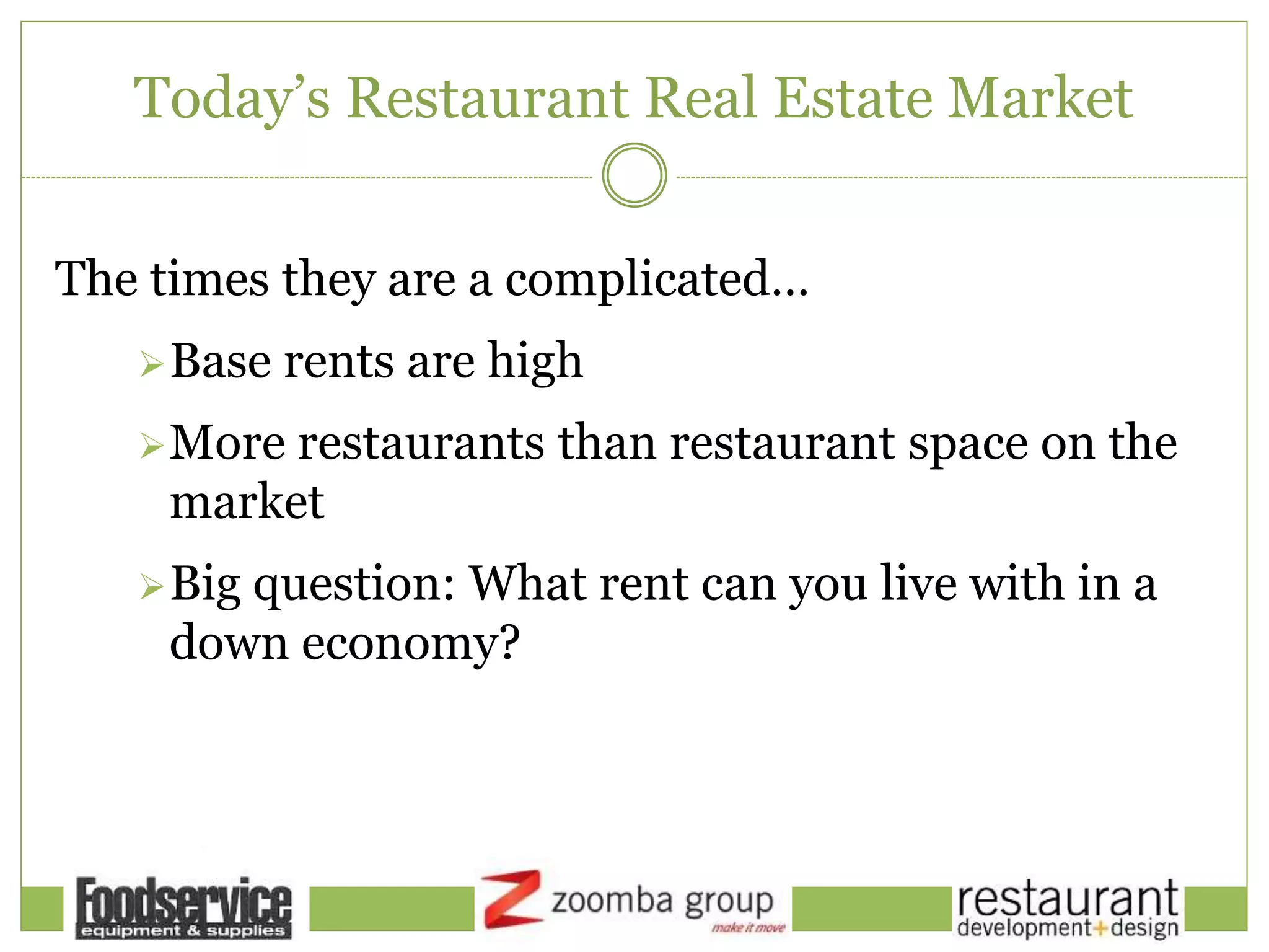 Today’s Restaurant Real Estate Market
The times they are a complicated…
Base rents are high
More restaurants than restaurant space on the
market
Big question: What rent can you live with in a
down economy?
 