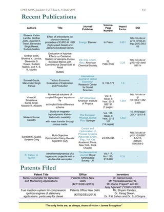 UPES R&D e-newsletter: Vol. 1, Issue 1, 1 October 2013

5/6

Recent Publications
Journal/
Publisher

Authors

Title

Bhawna Yadav
Lamba, Girdhar
Joshi, Avanish K.
Tiwari, Devendra
Singh Rawat,
Sudesh Mallick

Effect of antioxidants on
physico-chemical
properties of EURO-III HSD
(high speed diesel) and
Jatropha biodiesel blends

Girdhar Joshi,
Bhawna Y. Lamba,
Devendra S.
Rawat, Sudesh
Mallick, and K. S.
R. Murthy

Sumeet Gupta,
Manvinder Singh
Pahwa

Vineet K.
Srivastava,
Sarita Singh,
Mukesh K. Awasthi

Mukesh Kumar
Awasthi,

VolumePage
Number

Impact
Factor

DOI

In Press

3.651

Ind. Eng. Chem.
Res./ American
Chemical Society

52,
7586−7592

2.25

http://dx.doi.or
g/10.1021/ie40
0801h

International
Journal of Global
Economy/
Research Center
for Social
Sciences

Evaluation of Additive
Effects on Oxidation
Stability of Jatropha Curcas
Biodiesel Blends with
Conventional Diesel Sold at
Retail

Energy/ Elsevier

http://dx.doi.or
g/10.1016/j.en
ergy.2013.08.0
05

9, 152-172

1.9

-

AIP Advances/
American Institute
of Physics

Vol. 3,
Issue, 8
Year, 2013
082131
(7 pages)

The European
Physical Journal
Plus/ Springer

Vol. 128,
Issue, 9
Year, 2013
101
(14 pages)

Outlets

Techno Economic
Evaluation of Exploration
and Production

Numerical solutions of
coupled Burgers‟ equations
by
an implicit finite-difference
scheme
Study on magnetohydrodynamic KelvinHelmholtz instability
with mass transfer through
porous media

1.349

http://dx.doi.or
g/
10.1063/1.482
0355

10.1140/epjp/i
2013-13101-6
1.302

Santosh K. Gupta,
Sanjeev Garg

Multi-Objective
Optimization Using Genetic
Algorithm (GA)

Control and
Optimization of
Process Systems
(Advances Chem.
Eng., Vol. 43)/
Academic Press,
New York- Book
Chapter

43,205-245

-

http://dx.doi.or
g/10.1016/B97
8-0-123965240.00004-0

R. Yadav, U.
Guven

Aerothermodynamics of a
hypersonic projectile with a
double-disk aerospike

The Aeronautical
Journal/ Royal
Aeronautical
Society, UK

Vol.117,
No.1195,
913-928

0.31

-

Patents Filed
Patent Title
Micro-viscometer for Detection
and Monitoring Applications

Fuel injection system for compression
ignition engines of stationary
applications, particualry for diesel

Office
Patents Office New
Delhi
(#2713/DEL/2013)
Patents Office New Delhi
(#2792/DEL/2013)

Inventors
Dr. Sanket Goel,
Mr. Venkateswaran PS,
Mr. Rahul Prajesh* and Dr.
Ajay Agarwal* (*CSIR-CEERI)
Mr. Shyam Pandey,
Dr. Parag Diwan,
Dr. P K Sahoo and Dr. S J Chopra

“The only limits are, as always, those of vision - James Broughton”

 