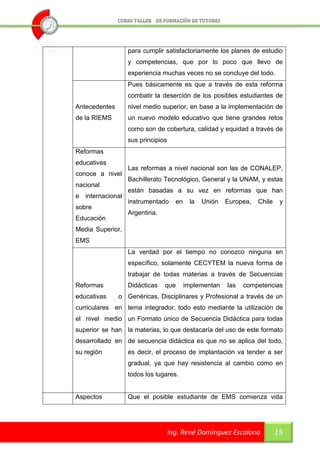 para cumplir satisfactoriamente los planes de estudio
                  y competencias, que por lo poco que llevo de
                  experiencia muchas veces no se concluye del todo.
                  Pues básicamente es que a través de esta reforma
                  combatir la deserción de los posibles estudiantes de
Antecedentes      nivel medio superior, en base a la implementación de
de la RIEMS       un nuevo modelo educativo que tiene grandes retos
                  como son de cobertura, calidad y equidad a través de
                  sus principios
Reformas
educativas
                  Las reformas a nivel nacional son las de CONALEP,
conoce a nivel
                  Bachillerato Tecnológico, General y la UNAM, y estas
nacional
                  están basadas a su vez en reformas que han
e internacional
                  instrumentado      en    la   Unión   Europea,   Chile    y
sobre
                  Argentina.
Educación
Media Superior,
EMS
                  La verdad por el tiempo no conozco ninguna en
                  específico, solamente CECYTEM la nueva forma de
                  trabajar de todas materias a través de Secuencias
Reformas          Didácticas   que        implementan   las   competencias
educativas     o Genéricas, Disciplinares y Profesional a través de un
curriculares en tema integrador, todo esto mediante la utilización de
el nivel medio un Formato único de Secuencia Didáctica para todas
superior se han la materias, lo que destacaría del uso de este formato
desarrollado en de secuencia didáctica es que no se aplica del todo,
su región         es decir, el proceso de implantación va tender a ser
                  gradual, ya que hay resistencia al cambio como en
                  todos los lugares.


Aspectos          Que el posible estudiante de EMS comienza vida




                                   Ing. René Domínguez Escalona            15
 