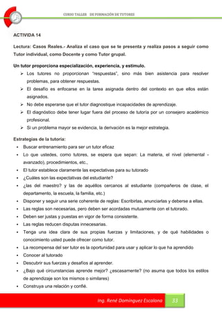 ACTIVIDA 14

Lectura: Casos Reales.- Analiza el caso que se te presenta y realiza pasos a seguir como
Tutor individual, como Docente y como Tutor grupal.

Un tutor proporciona especialización, experiencia, y estímulo.
      Los tutores no proporcionan “respuestas”, sino más bien asistencia para resolver
        problemas, para obtener respuestas.
      El desafío es enfocarse en la tarea asignada dentro del contexto en que ellos están
        asignados.
      No debe esperarse que el tutor diagnostique incapacidades de aprendizaje.
      El diagnóstico debe tener lugar fuera del proceso de tutoría por un consejero académico
        profesional.
      Si un problema mayor se evidencia, la derivación es la mejor estrategia.

Estrategias de la tutoría:
     Buscar entrenamiento para ser un tutor eficaz
     Lo que ustedes, como tutores, se espera que sepan: La materia, el nivel (elemental -
      avanzado), procedimientos, etc.,
     El tutor establece claramente las expectativas para su tutorado
     ¿Cuáles son las expectativas del estudiante?
     ¿las del maestro? y las de aquéllos cercanos al estudiante (compañeros de clase, el
      departamento, la escuela, la familia, etc.)
     Disponer y seguir una serie coherente de reglas: Escribirlas, anunciarlas y deberse a ellas.
     Las reglas son necesarias, pero deben ser acordadas mutuamente con el tutorado.
     Deben ser justas y puestas en vigor de forma consistente.
     Las reglas reducen disputas innecesarias.
     Tenga una idea clara de sus propias fuerzas y limitaciones, y de qué habilidades o
      conocimiento usted puede ofrecer como tutor.
     La recompensa del ser tutor es la oportunidad para usar y aplicar lo que ha aprendido
     Conocer al tutorado
     Descubrir sus fuerzas y desafíos al aprender.
     ¿Bajo qué circunstancias aprende mejor? ¿escasamente? (no asuma que todos los estilos
      de aprendizaje son los mismos o similares)
     Construya una relación y confié.


                                             Ing. René Domínguez Escalona         33
 