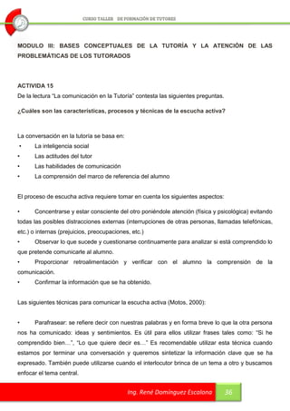 MODULO III: BASES CONCEPTUALES DE LA TUTORÍA Y LA ATENCIÓN DE LAS
PROBLEMÁTICAS DE LOS TUTORADOS




ACTIVIDA 15
De la lectura “La comunicación en la Tutoría” contesta las siguientes preguntas.

¿Cuáles son las características, procesos y técnicas de la escucha activa?



La conversación en la tutoría se basa en:
•     La inteligencia social
•     Las actitudes del tutor
•     Las habilidades de comunicación
•     La comprensión del marco de referencia del alumno


El proceso de escucha activa requiere tomar en cuenta los siguientes aspectos:

•     Concentrarse y estar consciente del otro poniéndole atención (física y psicológica) evitando
todas las posibles distracciones externas (interrupciones de otras personas, llamadas telefónicas,
etc.) o internas (prejuicios, preocupaciones, etc.)
•     Observar lo que sucede y cuestionarse continuamente para analizar si está comprendido lo
que pretende comunicarle al alumno.
•     Proporcionar retroalimentación y verificar con el alumno la comprensión de la
comunicación.
•     Confirmar la información que se ha obtenido.


Las siguientes técnicas para comunicar la escucha activa (Motos, 2000):


•     Parafrasear: se refiere decir con nuestras palabras y en forma breve lo que la otra persona
nos ha comunicado: ideas y sentimientos. Es útil para ellos utilizar frases tales como: “Si he
comprendido bien…”, “Lo que quiere decir es…” Es recomendable utilizar esta técnica cuando
estamos por terminar una conversación y queremos sintetizar la información clave que se ha
expresado. También puede utilizarse cuando el interlocutor brinca de un tema a otro y buscamos
enfocar el tema central.


                                            Ing. René Domínguez Escalona           36
 