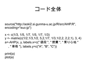 `ȫ

source("http://aoki2.si.gunma-u.ac.jp/R/src/AHP.R",
encoding="euc-jp")

x <- c(1/3, 1/5, 1/7, 1/5, 1/7, 1/3)
y <- matrix(c(1/2,1/3,1/2, 5,2,1/7, 1/3,1/2,2, 2,2,1), 3, 4)
a<-AHP(x, y, labels.x=c("  ", " ȼM ", " \ĵ "
   , " ܇ "), labels.y=c("A", "B", "C"))

print(a)
plot(a)
 