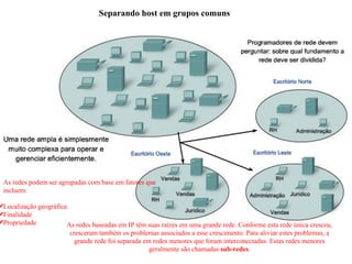 Separando host em grupos comuns
As redes podem ser agrupadas com base em fatores que
incluem:
✔Localização geográfica
✔Finalidade
✔Propriedade As redes baseadas em IP têm suas raízes em uma grande rede. Conforme esta rede única cresceu,
cresceram também os problemas associados a esse crescimento. Para aliviar estes problemas, a
grande rede foi separada em redes menores que foram interconectadas. Estas redes menores
geralmente são chamadas sub-redes.
 