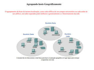 Agrupando hosts Geográficamente
O agrupamento de hosts de mesma localização, como cada edifício de um campus universitário ou cada andar de
um edifício, em redes separadas pode melhorar o gerenciamento e o funcionamento da rede.
 