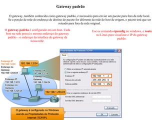 Gateway padrão
O gateway, também conhecido como gateway padrão, é necessário para enviar um pacote para fora da rede local.
Se a porção de rede do endereço de destino do pacote for diferente da rede do host de origem, o pacote terá que ser
roteado para fora da rede original.
O gateway padrão é configurado em um host. Cada
host na rede possui o mesmo endereço do gateway
padrão – o endereço da interface do gateway da
nossa rede.
Use os comandos ipconfig no windows, e route
no Linux para visualizar o IP do gateway
padrão.
 