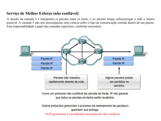 Serviço de Melhor Esforço (não confiável)
A missão da camada 3 é transportar os pacotes entre os hosts, e ao mesmo tempo sobrecarregar a rede o menos
possível. A camada 3 não tem preocupações nem ciência sobre o tipo de comunicação contida dentro de um pacote.
Esta responsabilidade é papel das camadas superiores, conforme necessário.
O IP geralmente é considerado um protocolo não confiável.
 