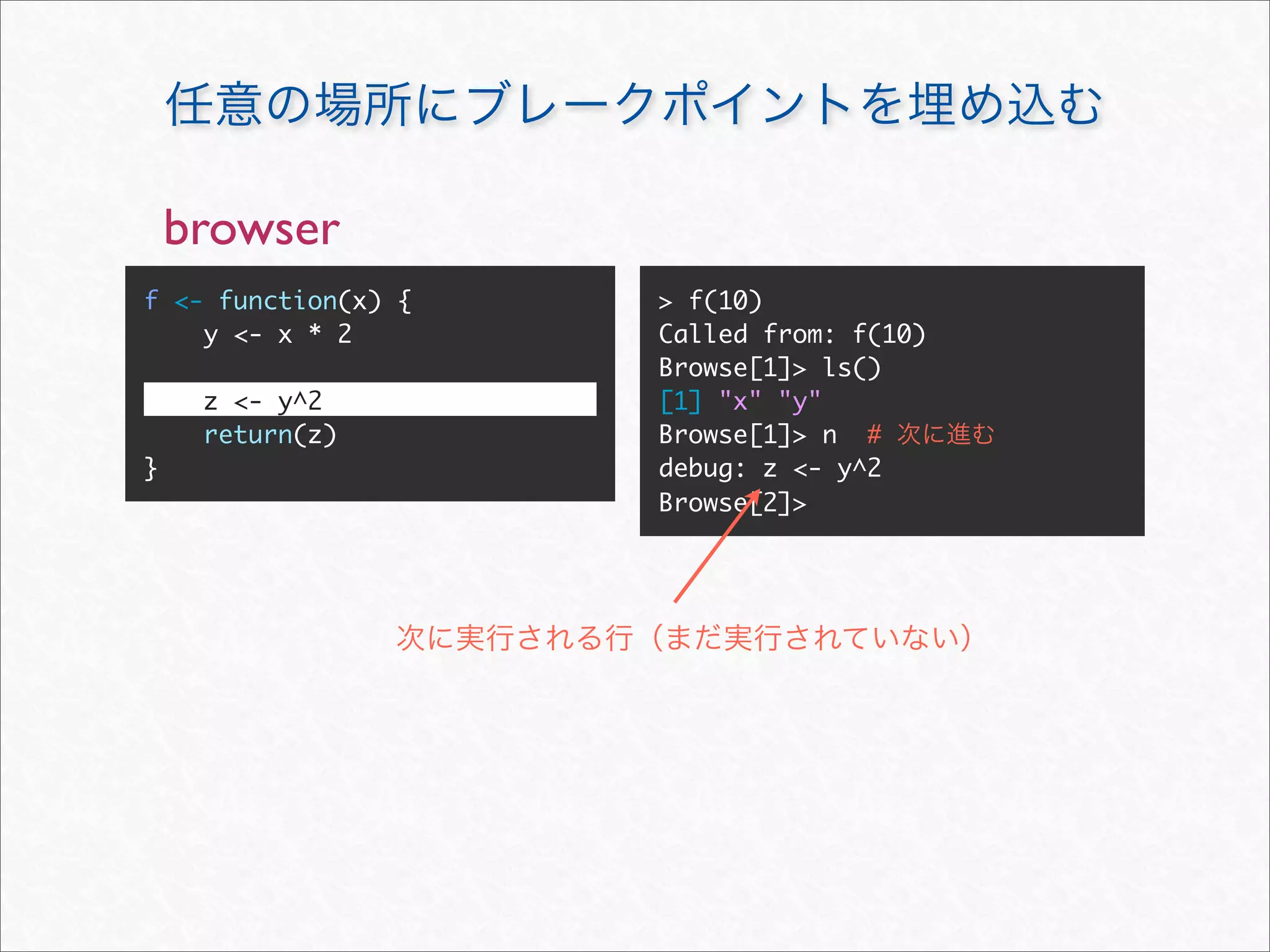 browser
f <- function(x) {   > f(10)
    y <- x * 2       Called from: f(10)
                     Browse[1]> ls()
     z <- y^2        [1] "x" "y"
     return(z)       Browse[1]> n #
}                    debug: z <- y^2
                     Browse[2]>
 