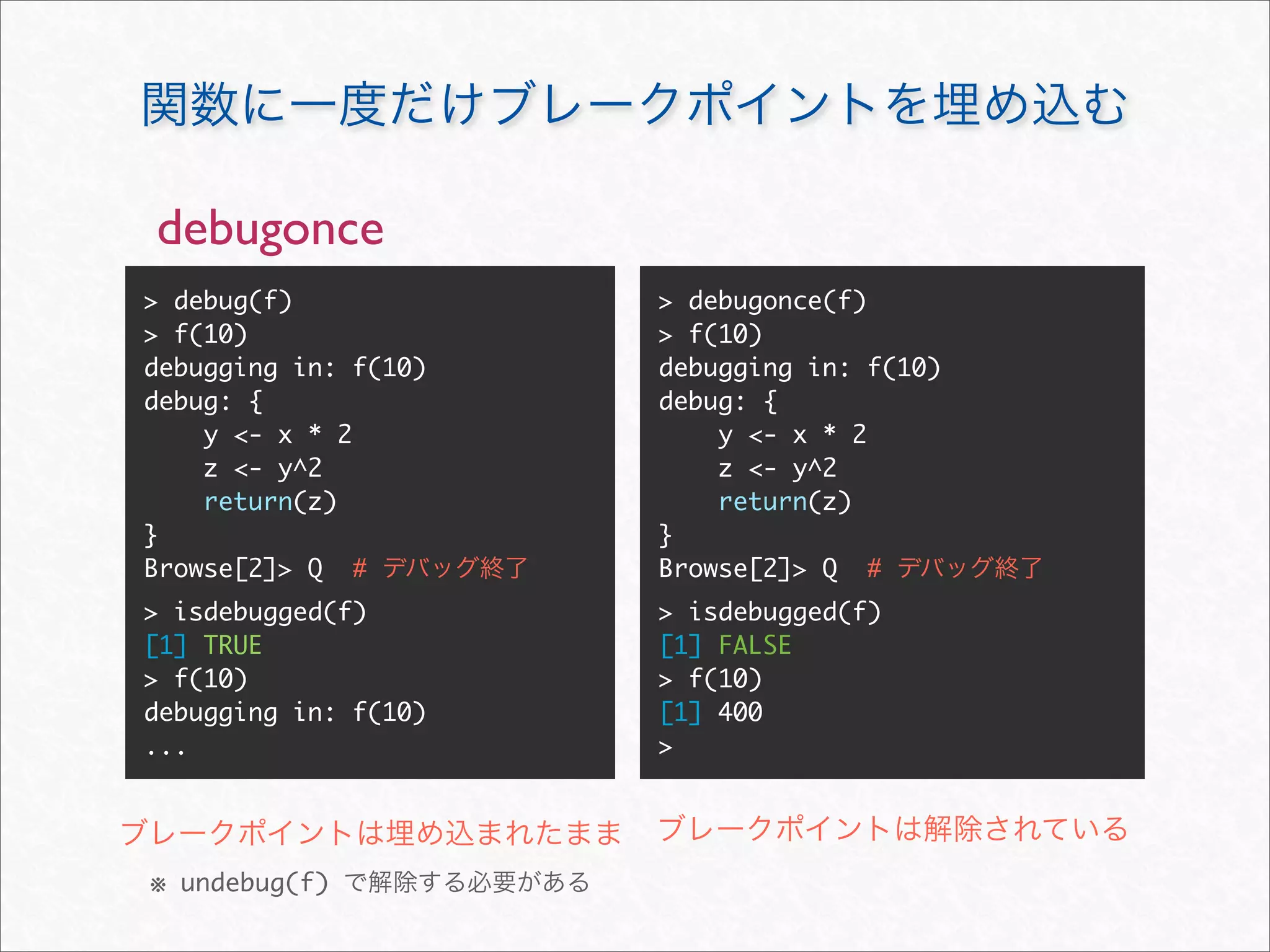 debugonce
> debug(f)            > debugonce(f)
> f(10)               > f(10)
debugging in: f(10)   debugging in: f(10)
debug: {              debug: {
    y <- x * 2            y <- x * 2
    z <- y^2              z <- y^2
    return(z)             return(z)
}                     }
Browse[2]> Q #        Browse[2]> Q #
> isdebugged(f)       > isdebugged(f)
[1] TRUE              [1] FALSE
> f(10)               > f(10)
debugging in: f(10)   [1] 400
...                   >




※ undebug(f)
 