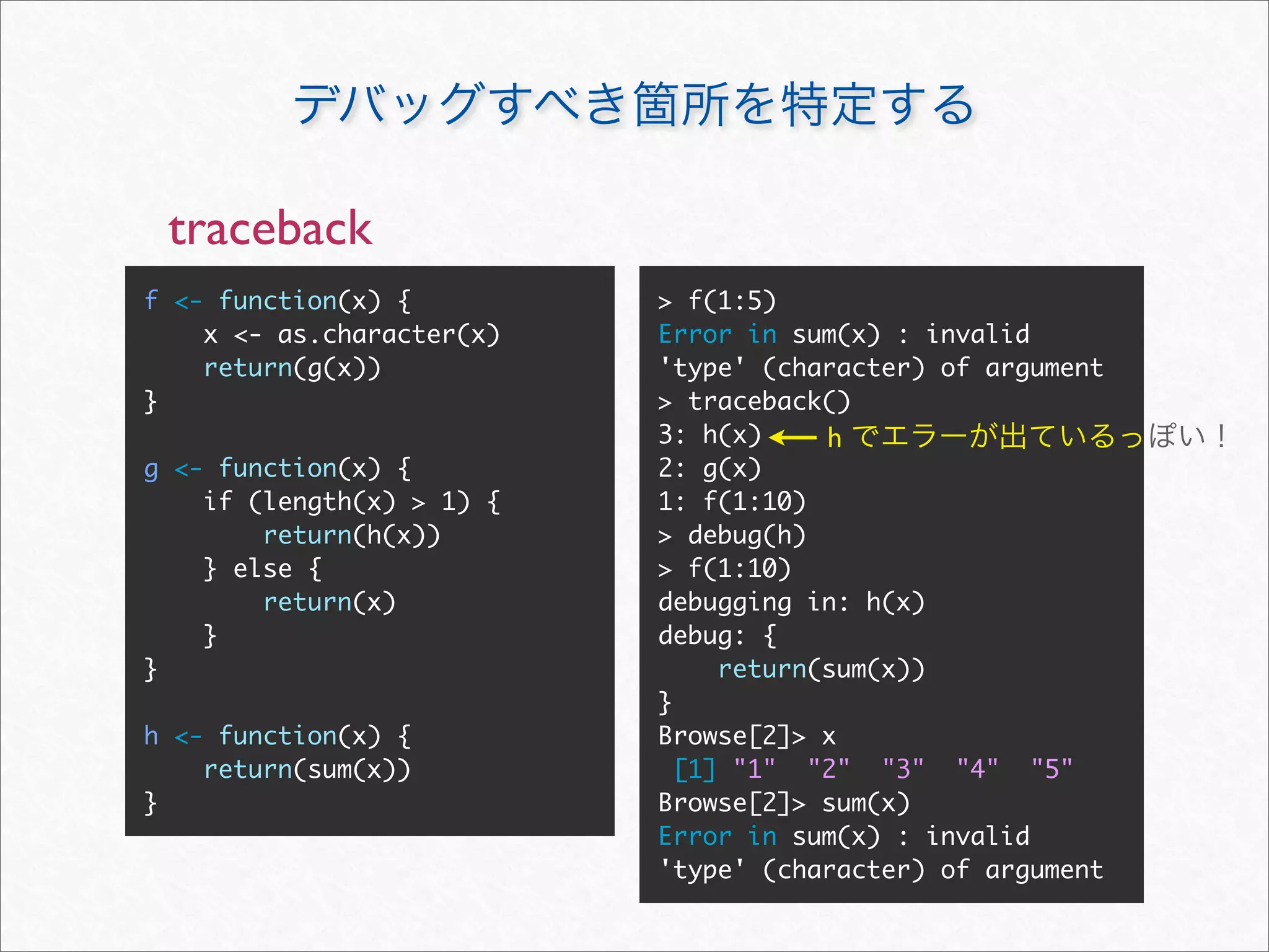 traceback
f <- function(x) {         > f(1:5)
    x <- as.character(x)   Error in sum(x) : invalid
    return(g(x))           'type' (character) of argument
}                          > traceback()
                           3: h(x)     h
g <- function(x) {         2: g(x)
    if (length(x) > 1) {   1: f(1:10)
        return(h(x))       > debug(h)
    } else {               > f(1:10)
        return(x)          debugging in: h(x)
    }                      debug: {
}                               return(sum(x))
                           }
h <- function(x) {         Browse[2]> x
    return(sum(x))           [1] "1" "2" "3" "4" "5"
}                          Browse[2]> sum(x)
                           Error in sum(x) : invalid
                           'type' (character) of argument
 