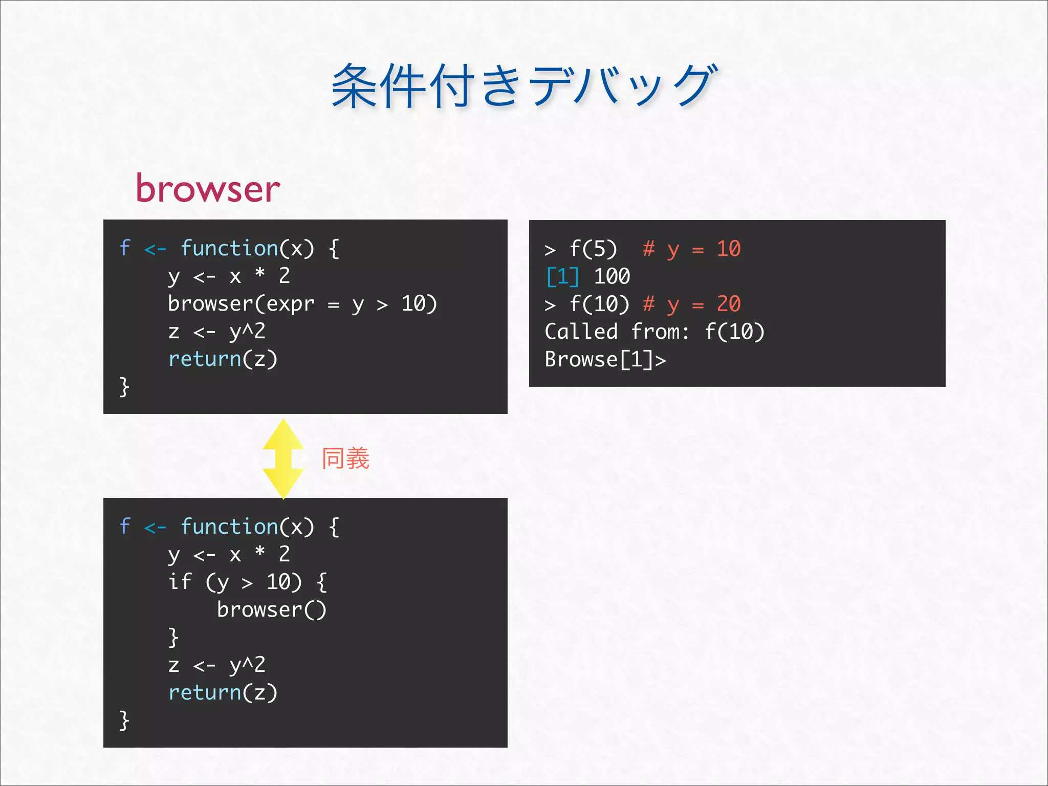 browser
f <- function(x) {           > f(5) # y = 10
    y <- x * 2               [1] 100
    browser(expr = y > 10)   > f(10) # y = 20
    z <- y^2                 Called from: f(10)
    return(z)                Browse[1]>
}




f <- function(x) {
    y <- x * 2
    if (y > 10) {
        browser()
    }
    z <- y^2
    return(z)
}
 