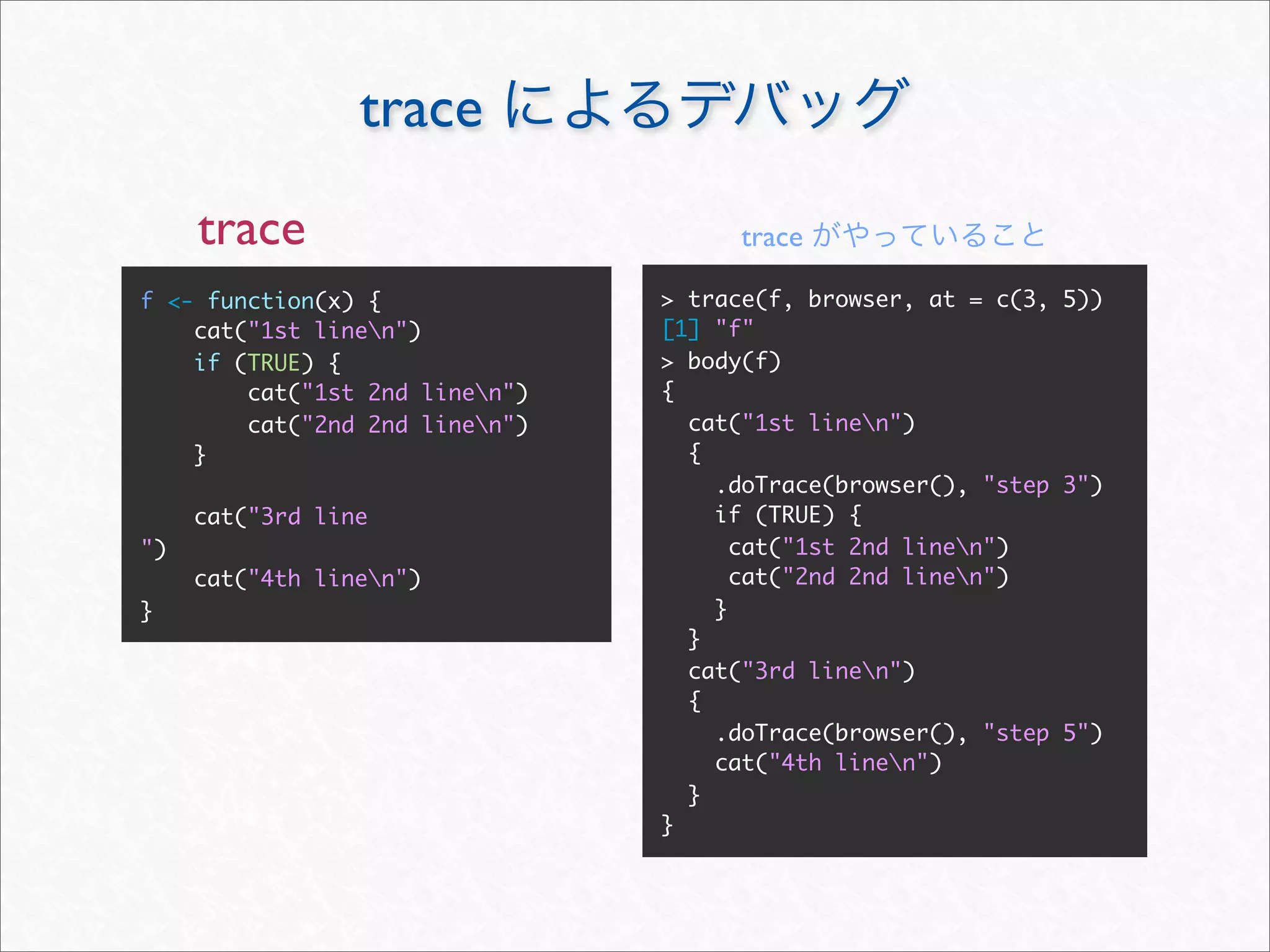trace
     trace                           trace

f <- function(x) {              > trace(f, browser, at = c(3, 5))
    cat("1st linen")           [1] "f"
    if (TRUE) {                 > body(f)
        cat("1st 2nd linen")   {
        cat("2nd 2nd linen")     cat("1st linen")
    }                             {
                                    .doTrace(browser(), "step 3")
     cat("3rd line                  if (TRUE) {
")                                    cat("1st 2nd linen")
     cat("4th linen")                cat("2nd 2nd linen")
}                                   }
                                  }
                                  cat("3rd linen")
                                  {
                                    .doTrace(browser(), "step 5")
                                    cat("4th linen")
                                  }
                                }
 