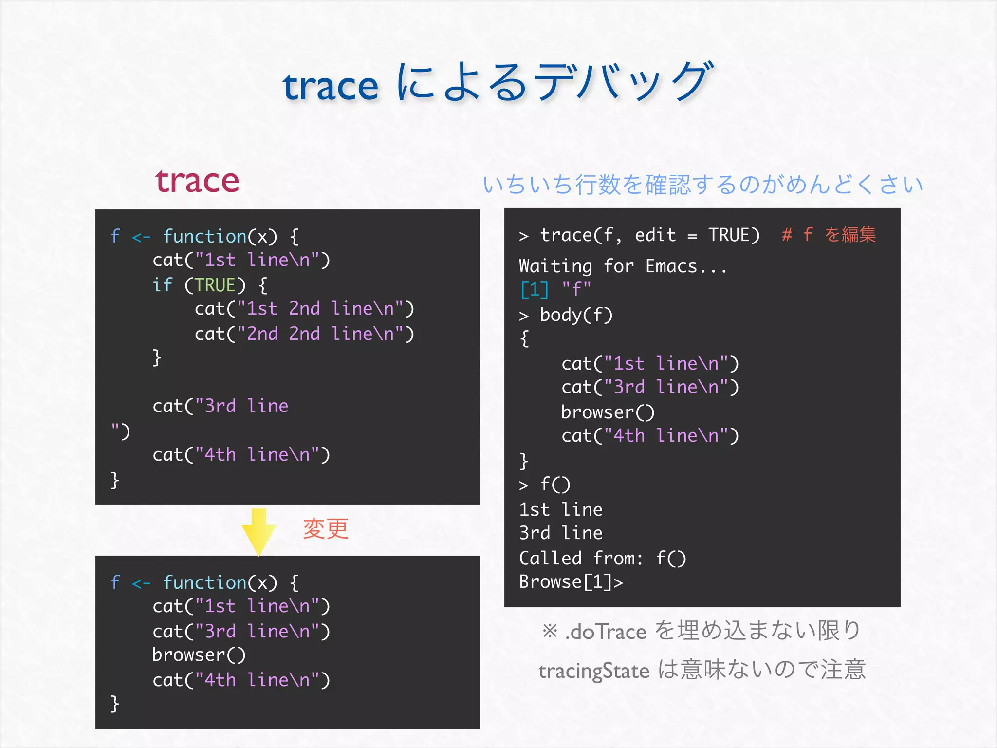 trace
     trace
f <- function(x) {              > trace(f, edit = TRUE)   # f
    cat("1st linen")           Waiting for Emacs...
    if (TRUE) {                 [1] "f"
        cat("1st 2nd linen")   > body(f)
        cat("2nd 2nd linen")   {
    }                               cat("1st linen")
                                    cat("3rd linen")
     cat("3rd line                  browser()
")                                  cat("4th linen")
     cat("4th linen")          }
}                               > f()
                                1st line
                                3rd line
                                Called from: f()
f <- function(x) {              Browse[1]>
    cat("1st linen")
    cat("3rd linen")             ※ .doTrace
    browser()
    cat("4th linen")            tracingState
}
 