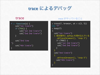trace
     trace                           trace

f <- function(x) {              > trace(f, browser, at = c(3, 5))
    cat("1st linen")           [1] "f"
    if (TRUE) {                 > body(f)
        cat("1st 2nd linen")   {
        cat("2nd 2nd linen")     cat("1st linen")
    }                             {            .doTrace
                                    .doTrace(browser(), "step 3")
     cat("3rd line                  if (TRUE) {
")                                    cat("1st 2nd linen")
     cat("4th linen")                cat("2nd 2nd linen")
}                                   }
                                  }
                                  cat("3rd linen")
                                  {
                                    .doTrace(browser(), "step 5")
                                    cat("4th linen")
                                  }
                                }
 