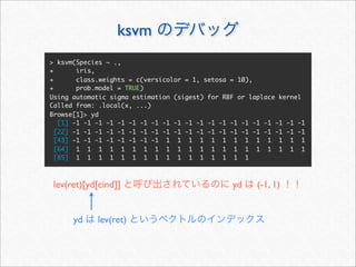 ksvm
> ksvm(Species ~ .,
+       iris,
+       class.weights = c(versicolor = 1, setosa = 10),
+       prob.model = TRUE)
Using automatic sigma estimation (sigest) for RBF or laplace kernel
Called from: .local(x, ...)
Browse[1]> yd
   [1] -1 -1 -1 -1 -1 -1 -1 -1 -1 -1 -1 -1 -1 -1 -1 -1 -1 -1 -1 -1 -1
  [22] -1 -1 -1 -1 -1 -1 -1 -1 -1 -1 -1 -1 -1 -1 -1 -1 -1 -1 -1 -1 -1
  [43] -1 -1 -1 -1 -1 -1 -1 -1 1 1 1 1 1 1 1 1 1 1 1 1 1
  [64] 1 1 1 1 1 1 1 1 1 1 1 1 1 1 1 1 1 1 1 1 1
  [85] 1 1 1 1 1 1 1 1 1 1 1 1 1 1 1 1



 lev(ret)[yd[cind]]                              yd     (-1, 1)


      yd    lev(ret)
 
