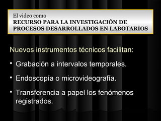 El video como
    El video como
    RECURSO PARA LA INVESTIGACIÓN DE
    RECURSO PARA LA INVESTIGACIÓN DE
    PROCESOS DESARROLLADOS EN LABOTARIOS
    PROCESOS DESARROLLADOS EN LABOTARIOS


Nuevos instrumentos técnicos facilitan:
   Grabación a intervalos temporales.
   Endoscopía o microvideografía.
   Transferencia a papel los fenómenos
    registrados.
 