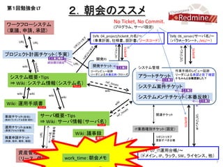 第１回勉強会 LT
                                             ２．朝会のススメ
                                                                        No Ticket, No Commit.
ワークフローシステム                                                              (プログラム、サーバ設定)
（稟議、申請、承認）
                                                        SVN：04_project/ticket#_PJ名/～                    SVN：06_server/サーバ名/～
       URL                                              （事業計画、仕様書、設計書、ソースコード）                           （パラメータシート、/etc/～）
                  URL




                                                                        リビジョン＃




                                                                                                             リビジョン＃
                                                                                 ticket#




                                                                                                                                ticket#
プロジェクト計画チケット（予実）
                                【工数】集計                   開発PJ
                               減価償却資産
                                             URL
         wiki                                           開発チケット    【工数】                      システム管理
                                                       コードレビュー証跡                                            作業手順のレビュー証跡
                                                       リーダによる本番反映・クローズ                                      リーダによる承認と完了確認
  システム概要・Tips                                                                               アラートチケット        ↑ ちゃんと台帳更新した？
                                                                                                     【工数】
  ⇒ Wiki：システム情報（システム名）                       ウォッチ
                                                                                            システム案件チケット
                                                                 wiki                                             【工数】
      wiki      wiki
                               wiki
                                      wiki                                                  システムメンテチケット（本番反映）
                                                                                                                                                   【工数】
Wiki：運用手順書
                        ウォッチ



                        サーバ概要・Tips                                                                関連チケット




                                                                                                                                          リビジョン＃
事故チケット[全社]




                                                                                                                      ticket#
                        ⇒ Wiki：サーバ情報（サーバ名）
(解決トラッキング＆記録・統計)

                                                          ウォッチ
運用チケット[各業務]
(業務プロセス管理)                                                                                 IT業務種別チケット（固定）
                                              Wiki：議事録
残業申請チケット                                                                                          リポジトリタブ
                                                         確認回覧
(申請、指示、報告、確認)                                                                                     更新すべき台帳
                                                    一般業務チケット(固定)
                                                                        【工数】集計              SVN : 07_IT運用台帳/～
       資産管理システム                                                            販管費
                                                                                            （ドメイン、IP、ラック、SW、ライセンス、他）
       （リース、保守）                          work_time：朝会メモ
                                                                                                                                                          7
 