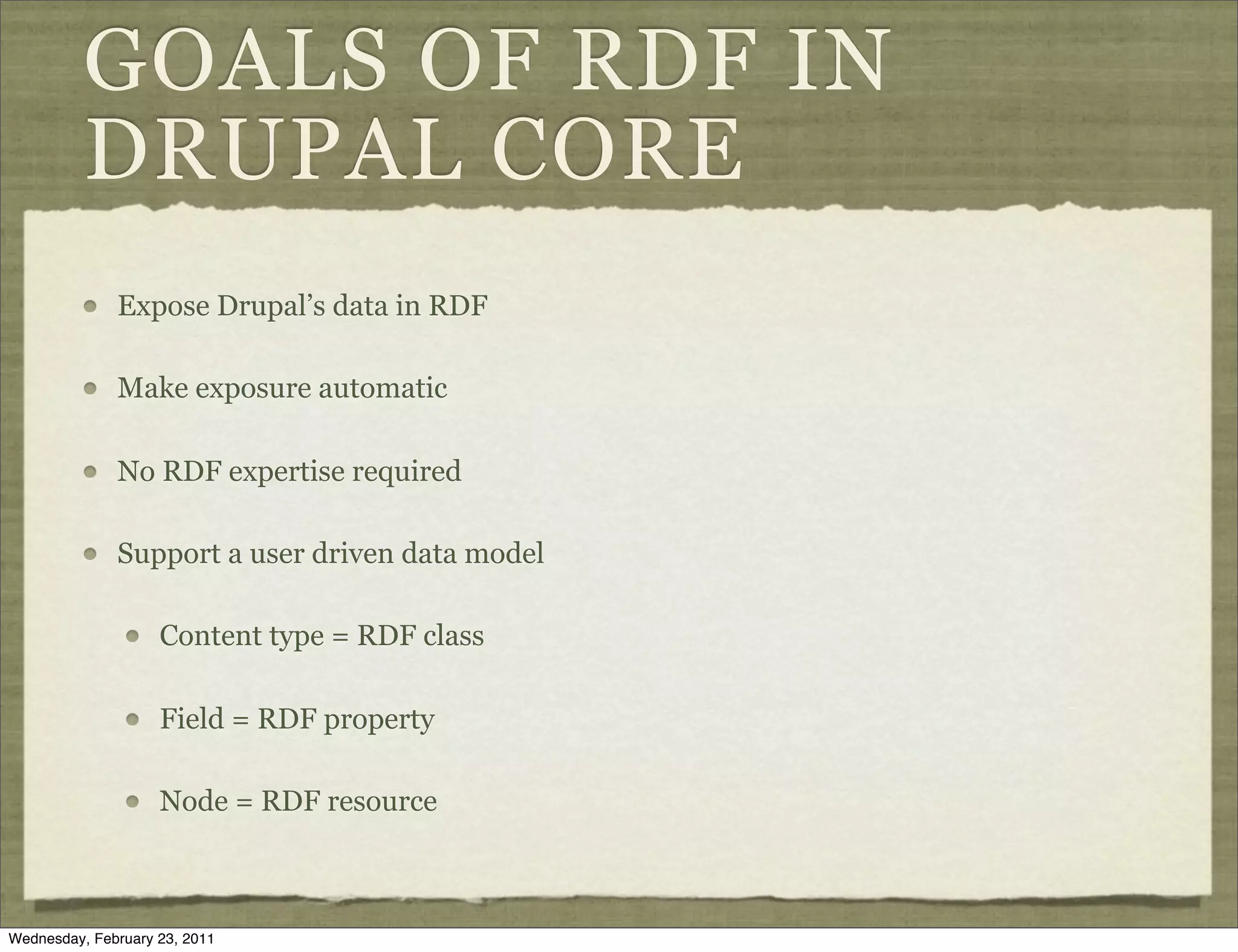 GOALS OF RDF IN
          DRUPAL CORE
              Expose Drupal’s data in RDF

              Make exposure automatic

              No RDF expertise required

              Support a user driven data model

                    Content type = RDF class

                    Field = RDF property

                    Node = RDF resource



Wednesday, February 23, 2011
 