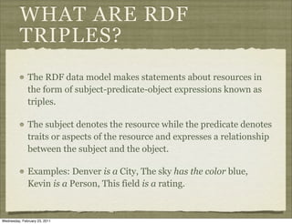 WHAT ARE RDF
          TRIPLES?
              The RDF data model makes statements about resources in
              the form of subject-predicate-object expressions known as
              triples.

              The subject denotes the resource while the predicate denotes
              traits or aspects of the resource and expresses a relationship
              between the subject and the object.

              Examples: Denver is a City, The sky has the color blue,
              Kevin is a Person, This field is a rating.


Wednesday, February 23, 2011
 