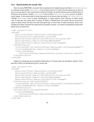 2.4.1 Représentation des noeuds vides
     Dans la syntaxe RDF/XML, un noeud vide est représenté tout simplement par une balise rdf:Description
ne contenant aucun attribut rdf:about, ce qui revient à dire qu’il s’agit d’une description qui ne précise
pas la ressource décrite. Tout comme dans la notation N-Triples, un noeud vide peut avoir un identiﬁcateur. Il
sufﬁt pour cela d’ajouter l’attribut rdf:nodeID dans la balise Description et d’y associer un identiﬁ-
cateur unique. À tout endroit dans le même document où on retrouve dans une balise rdf:Description
l’attribut rdf:nodeID avec le même identiﬁcateur, il s’agira toujours d’une référence au même noeud
vide. À noter que tout comme dans la syntaxe N-Triples, l’identiﬁcateur d’un noeud vide ne sert qu’à dé-
signer le même noeud vide dans une autre description qui se trouve dans le même document. Ainsi, notre
exemple de la ﬁgure 2 pourrait être représenté de la manière suivante, si le noeud correspondant à la personne
décrite était un noeud vide.

<?xml version="1.0"?>
<rdf:RDF
    xmlns:local="http://www.polymtl.ca/Vocabulary#"
    xmlns:prof="http://www.polymtl.ca/Profs#"
    xmlns:rdf="http://www.w3.org/1999/02/22-rdf-syntax-ns#"
    xmlns:xsd="http://www.w3.org/2001/XMLSchema#"
    xmlns:rdfs="http://www.w3.org/2000/01/rdf-schema#">
  <rdf:Description>
    <local:worksAt rdf:resource="http://www.polymtl.ca/Vocabulary#dgi"/>
    <local:hasName>Michel Gagnon</local:hasName>
    <local:hasHomePage
        rdf:resource="http://www.professeurs.polymtl.ca/michel.gagnon"/>
  </rdf:Description>
</rdf:RDF>

    Supposons maintenant que la propriété hasHomePage est fournie dans une description séparée. Il fau-
drait alors utiliser un identiﬁcateur pour le noeud vide :

<?xml version="1.0"?>
<rdf:RDF
    xmlns:local="http://www.polymtl.ca/Vocabulary#"
    xmlns:prof="http://www.polymtl.ca/Profs#"
    xmlns:rdf="http://www.w3.org/1999/02/22-rdf-syntax-ns#"
    xmlns:xsd="http://www.w3.org/2001/XMLSchema#"
    xmlns:rdfs="http://www.w3.org/2000/01/rdf-schema#">
  <rdf:Description rdf:nodeID="p304">
    <local:worksAt rdf:resource="http://www.polymtl.ca/Vocabulary#dgi"/>
    <local:hasName>Michel Gagnon</local:hasName>
  </rdf:Description>
  <rdf:Description rdf:nodeID="p304">
    <local:hasHomePage
        rdf:resource="http://www.professeurs.polymtl.ca/michel.gagnon"/>
  </rdf:Description>
</rdf:RDF>

                                                  10
 