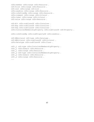 rdfs:member rdfs:range rdfs:Resource .
rdf:first rdfs:range rdfs:Resource .
rdf:rest rdfs:range rdf:List .
rdfs:seeAlso rdfs:range rdfs:Resource .
rdfs:isDefinedBy rdfs:range rdfs:Resource .
rdfs:comment rdfs:range rdfs:Literal .
rdfs:label rdfs:range rdfs:Literal .
rdf:value rdfs:range rdfs:Resource .

rdf:Alt rdfs:subClassOf rdfs:Container .
rdf:Bag rdfs:subClassOf rdfs:Container .
rdf:Seq rdfs:subClassOf rdfs:Container .
rdfs:ContainerMembershipProperty rdfs:subClassOf rdf:Property .

rdfs:isDefinedBy rdfs:subPropertyOf rdfs:seeAlso .

rdf:XMLLiteral rdf:type rdfs:Datatype .
rdf:XMLLiteral rdfs:subClassOf rdfs:Literal .
rdfs:Datatype rdfs:subClassOf rdfs:Class .

rdf:_1   rdf:type rdfs:ContainerMembershipProperty .
rdf:_1   rdfs:domain rdfs:Resource .
rdf:_1   rdfs:range rdfs:Resource .
rdf:_2   rdf:type rdfs:ContainerMembershipProperty .
rdf:_2   rdfs:domain rdfs:Resource .
rdf:_2   rdfs:range rdfs:Resource .
...




                                    43
 