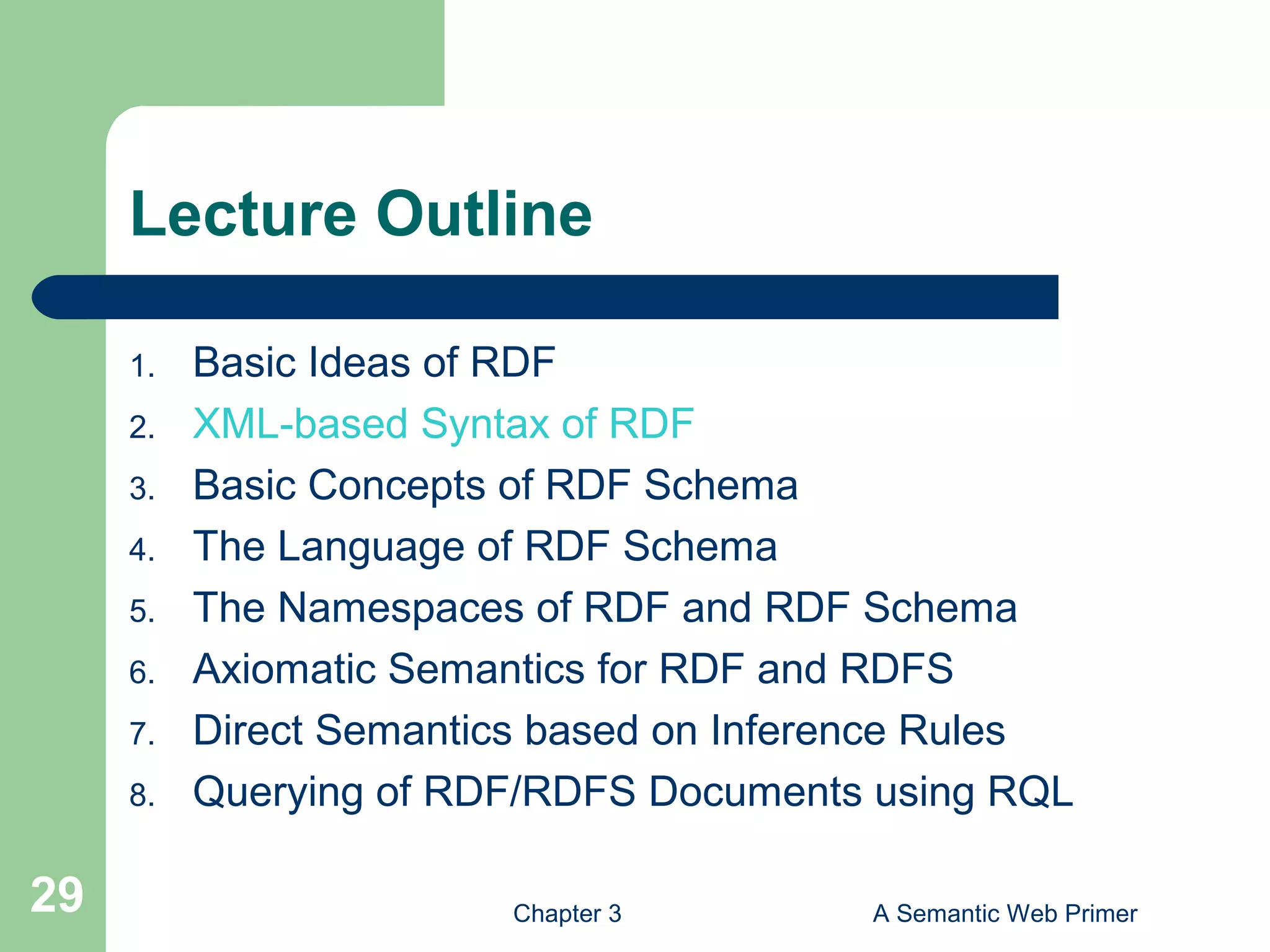 Chapter 3 A Semantic Web Primer29
Lecture Outline
1. Basic Ideas of RDF
2. XML-based Syntax of RDF
3. Basic Concepts of RDF Schema
4. Τhe Language of RDF Schema
5. The Namespaces of RDF and RDF Schema
6. Axiomatic Semantics for RDF and RDFS
7. Direct Semantics based on Inference Rules
8. Querying of RDF/RDFS Documents using RQL
 
