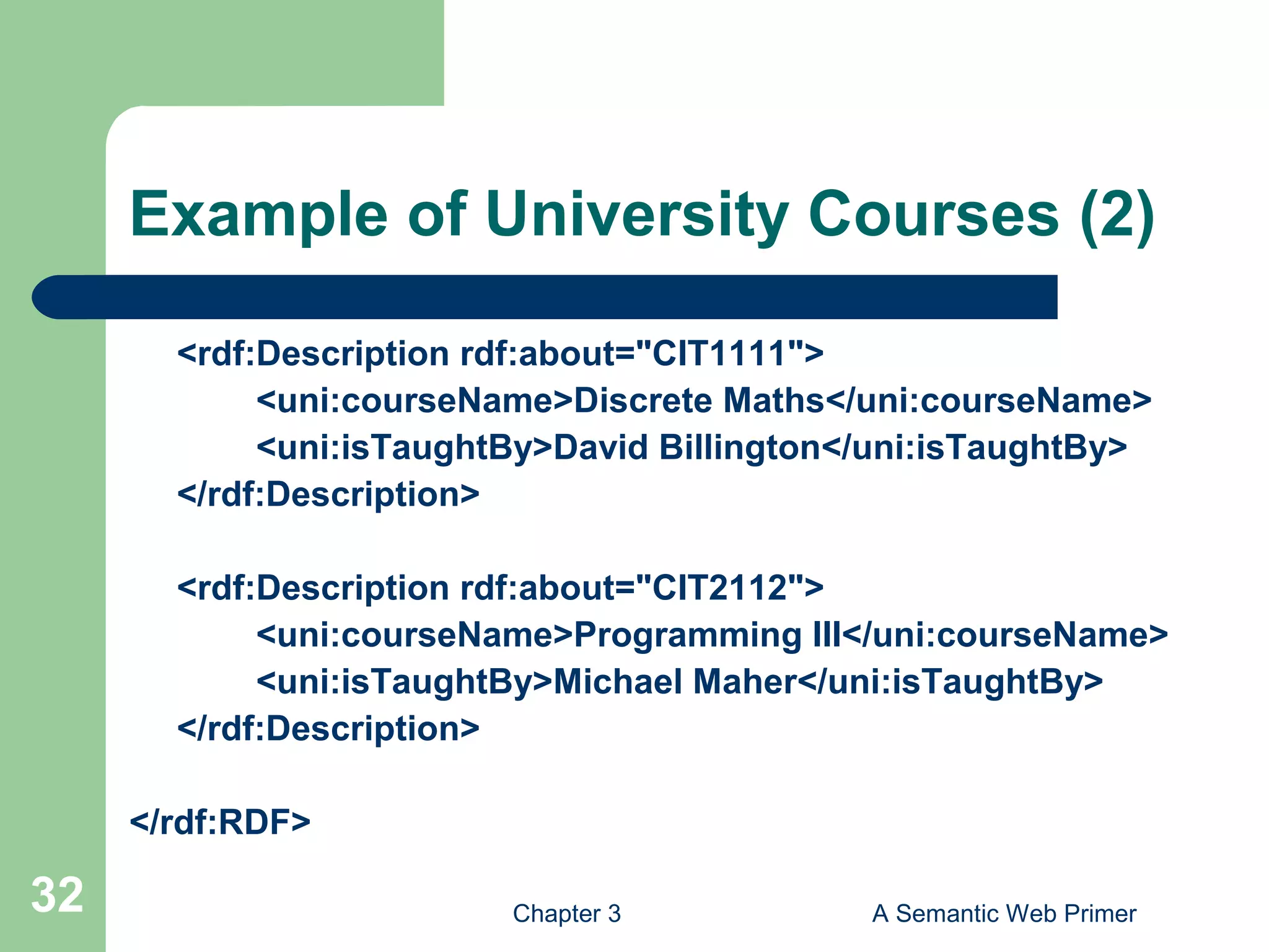 Chapter 3 A Semantic Web Primer32
Example of University Courses (2)
<rdf:Description rdf:about="CIT1111">
<uni:courseName>Discrete Maths</uni:courseName>
<uni:isTaughtBy>David Billington</uni:isTaughtBy>
</rdf:Description>
<rdf:Description rdf:about="CIT2112">
<uni:courseName>Programming III</uni:courseName>
<uni:isTaughtBy>Michael Maher</uni:isTaughtBy>
</rdf:Description>
</rdf:RDF>
 