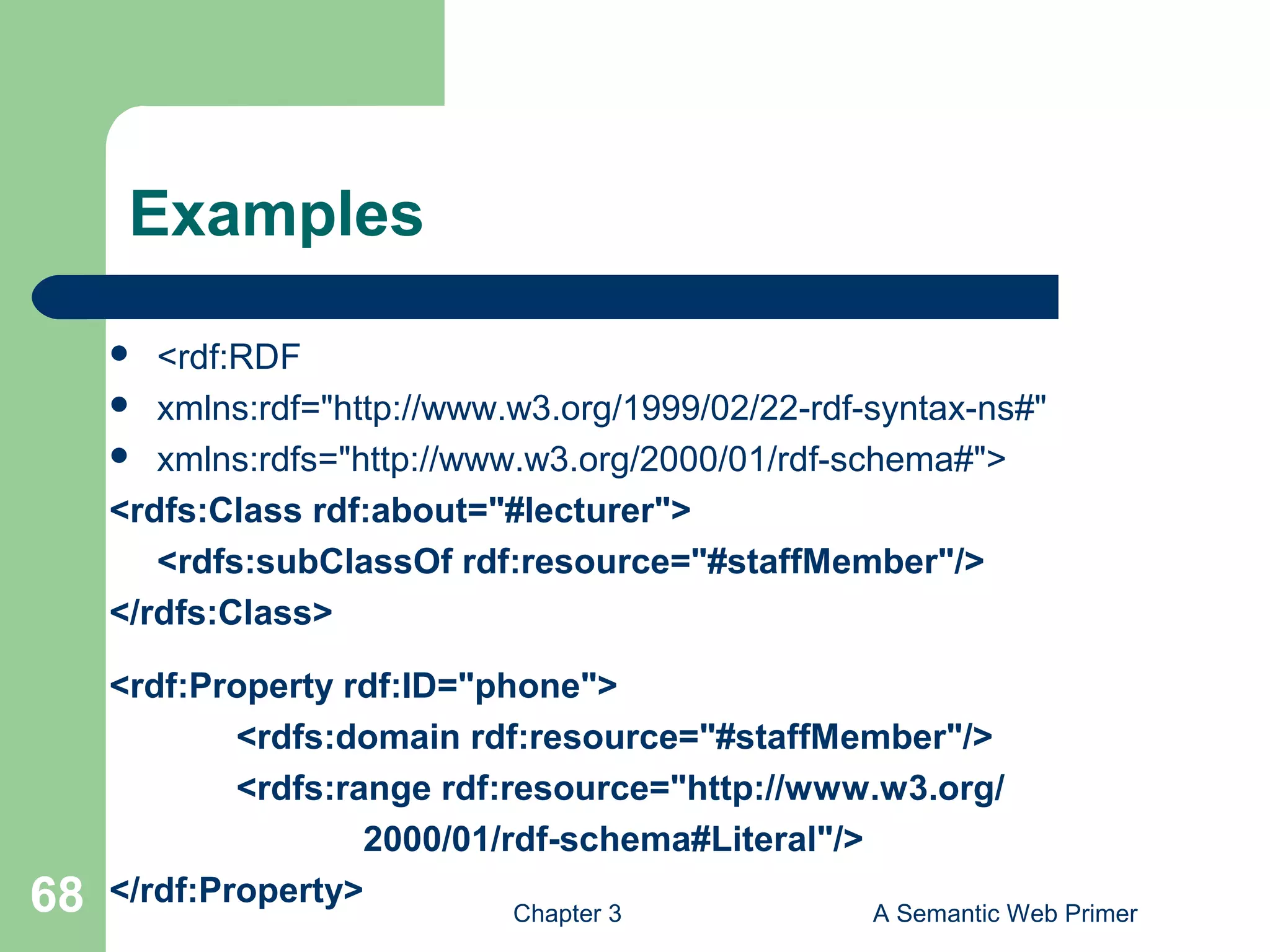 Chapter 3 A Semantic Web Primer68
Examples
 <rdf:RDF
 xmlns:rdf="http://www.w3.org/1999/02/22-rdf-syntax-ns#"
 xmlns:rdfs="http://www.w3.org/2000/01/rdf-schema#">
<rdfs:Class rdf:about="#lecturer">
<rdfs:subClassOf rdf:resource="#staffMember"/>
</rdfs:Class>
<rdf:Property rdf:ID="phone">
<rdfs:domain rdf:resource="#staffMember"/>
<rdfs:range rdf:resource="http://www.w3.org/
2000/01/rdf-schema#Literal"/>
</rdf:Property>
 