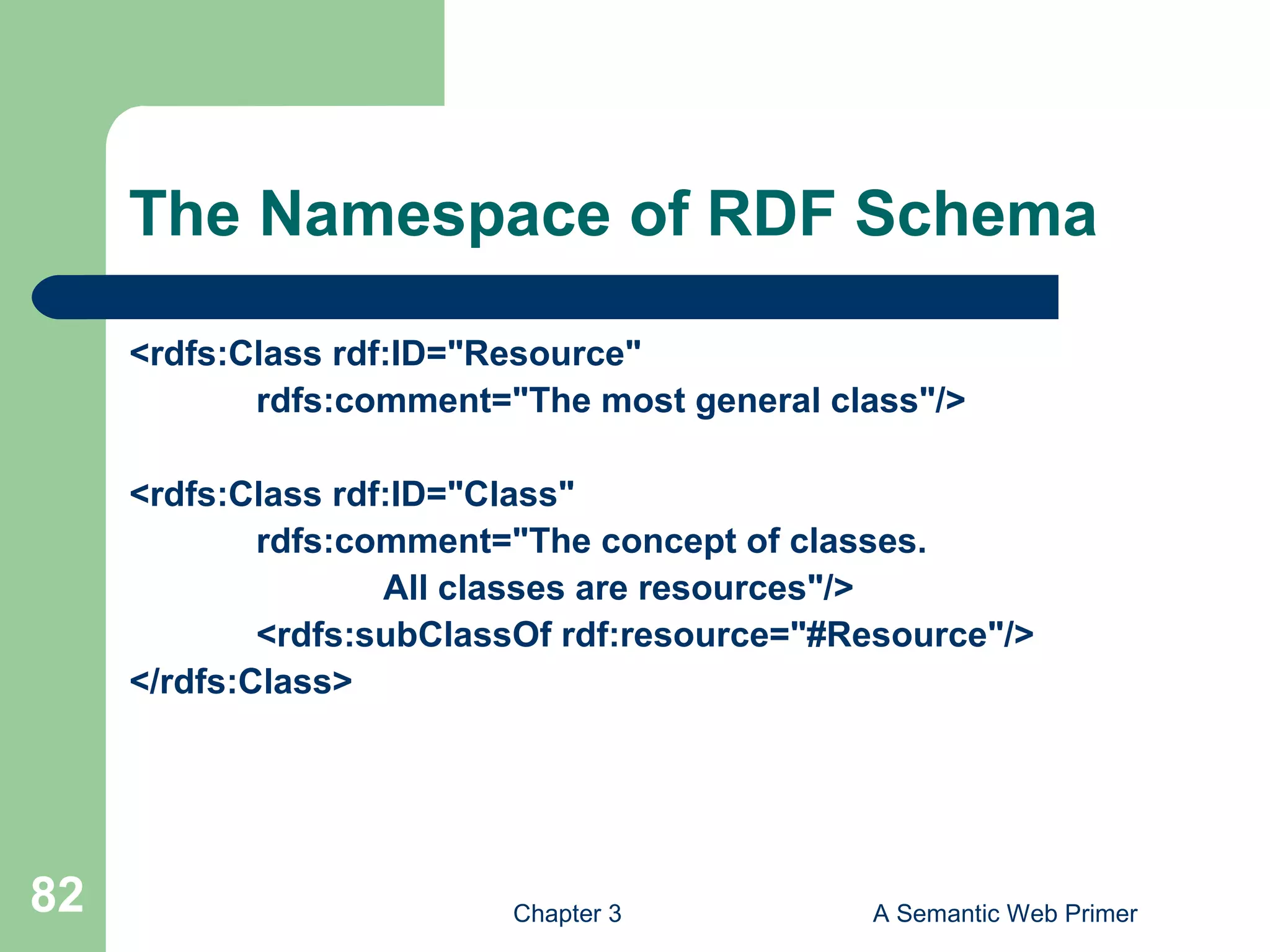 Chapter 3 A Semantic Web Primer82
The Namespace of RDF Schema
<rdfs:Class rdf:ID="Resource"
rdfs:comment="The most general class"/>
<rdfs:Class rdf:ID="Class"
rdfs:comment="The concept of classes.
All classes are resources"/>
<rdfs:subClassOf rdf:resource="#Resource"/>
</rdfs:Class>
 