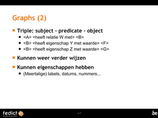 | p. 7
 Triple: subject – predicate – object
 <A> <heeft relatie W met> <B>
 <B> <heeft eigenschap Y met waarde> <F>
 <B> <heeft eigenschap Z met waarde> <G>
 Kunnen weer verder wijzen
 Kunnen eigenschappen hebben
 (Meertalige) labels, datums, nummers...
Graphs (2)
 