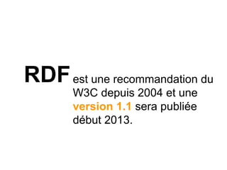 RDFest une recommandation du
W3C depuis 2004 et une
version 1.1 sera publiée
début 2013.
 
