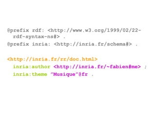 @prefix rdf: <http://www.w3.org/1999/02/22-
rdf-syntax-ns#> .
@prefix inria: <http://inria.fr/schema#> .
<http://inria.fr/rr/doc.html>
inria:author <http://inria.fr/~fabien#me> ;
inria:theme ”Musique”@fr .
 