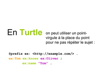 on peut utiliser un point-
virgule à la place du point
pour ne pas répéter le sujet :
En Turtle
@prefix ex: <http://example.com/> .
ex:Tom ex:knows ex:Oliver ;
ex:name ”Tom” .
 