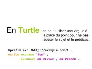 on peut utiliser une virgule à
la place du point pour ne pas
répéter le sujet et le prédicat :
En Turtle
@prefix ex: <http://example.com/> .
ex:Tom ex:name ”Tom” ;
ex:knows ex:Oliver , ex:Franck .
 