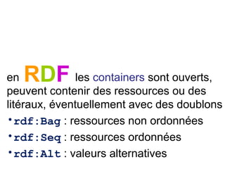 la valeur d’un rdf:type peut
être utilisée comme nom
de balise XML à la place
de rdf:Description.
En
RDF/XML
<rdf:Description rdf:about="http://inria.fr/cpt/123456">
<rdf:type rdf:resource="http://www.w3.org/2004/02/skos/core#Concept"/>
<skos:prefLabel xml:lang=”fr">Musique</skos:prefLabel>
</rdf:Description>
<skos:Concept rdf:about="http://inria.fr/cpt/123456">
<skos:prefLabel xml:lang=”fr">Musique</skos:prefLabel>
</skos:Concept>
=
 