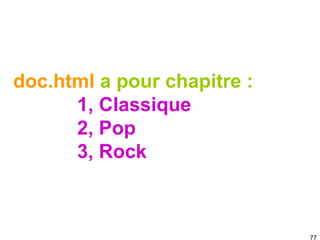 on peut imbriquer des
descriptions
En
RDF/XML
<rdf:Description rdf:about="http://inria.fr/rr/doc.html">
<inria:author>
<foaf:Person rdf:about=”http://inria.fr/~fabien#me”>
<foaf:name>Fabien</foaf:name>
</foaf:Person>
</inria:author>
<inria:theme>Musique</inria:theme>
</rdf:Description>
 