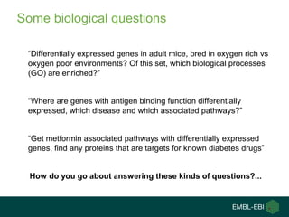 Some biological questions
“Differentially expressed genes in adult mice, bred in oxygen rich vs
oxygen poor environments? Of this set, which biological processes
(GO) are enriched?”
“Where are genes with antigen binding function differentially
expressed, which disease and which associated pathways?”
“Get metformin associated pathways with differentially expressed
genes, find any proteins that are targets for known diabetes drugs”
How do you go about answering these kinds of questions?...
 